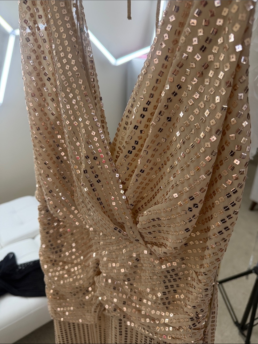 Zara Sequin Ruched V-Neck Maxi Dress in Champagne Size XS - Picture 3 of 11